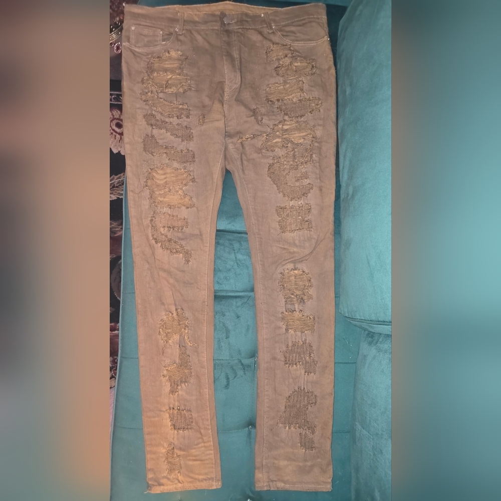 Distressed Stacked Leg Stretch  Skinny  Fit Tan Jeans